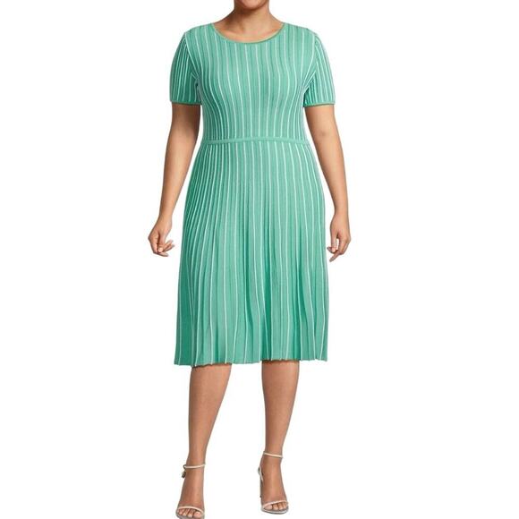 MING WANG Striped Knit Dress Sea Spray Mint Green White Stretchy Preppy - Sz 2X - Picture 1 of 6